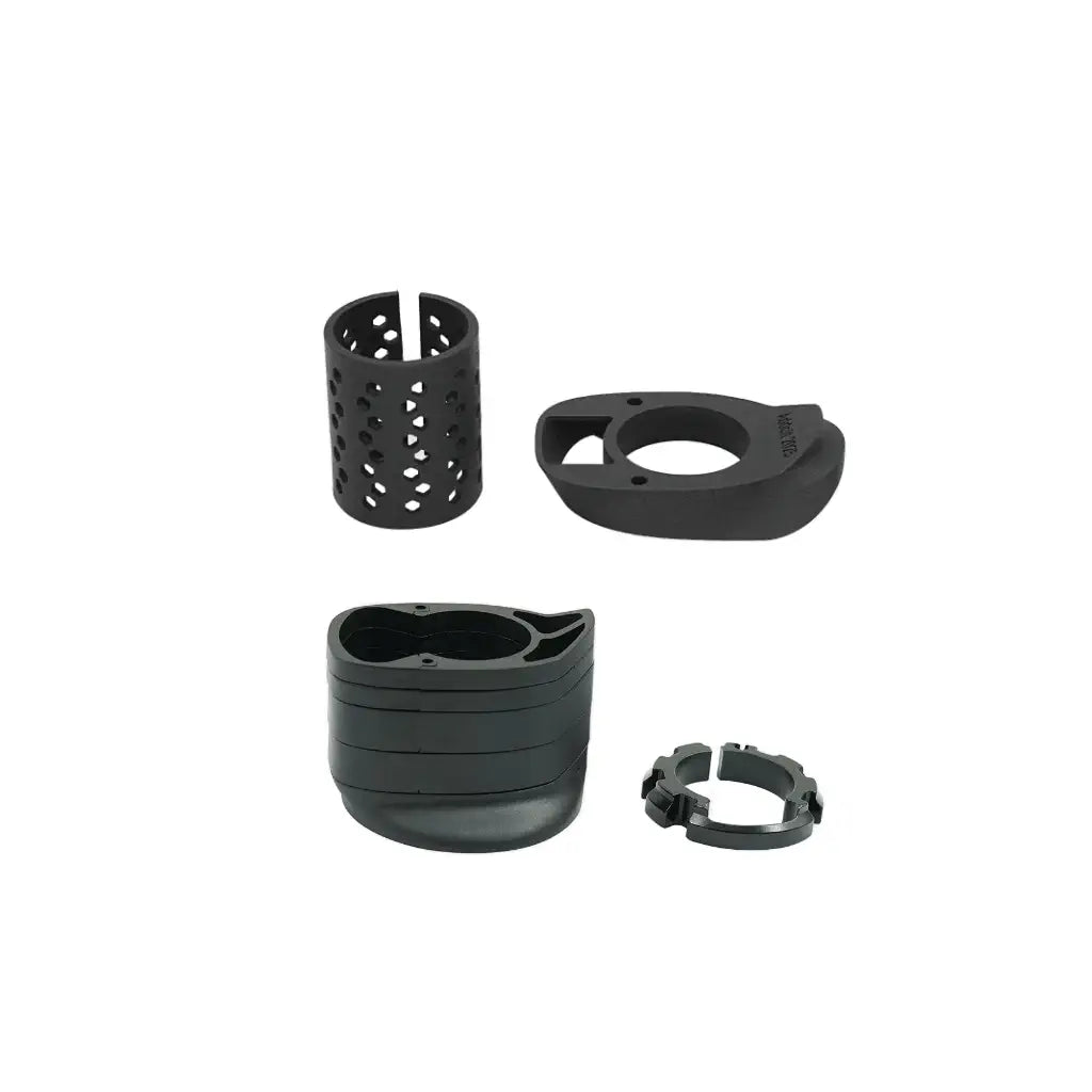 Collection of bicycle components with brand names labeled on a gray background