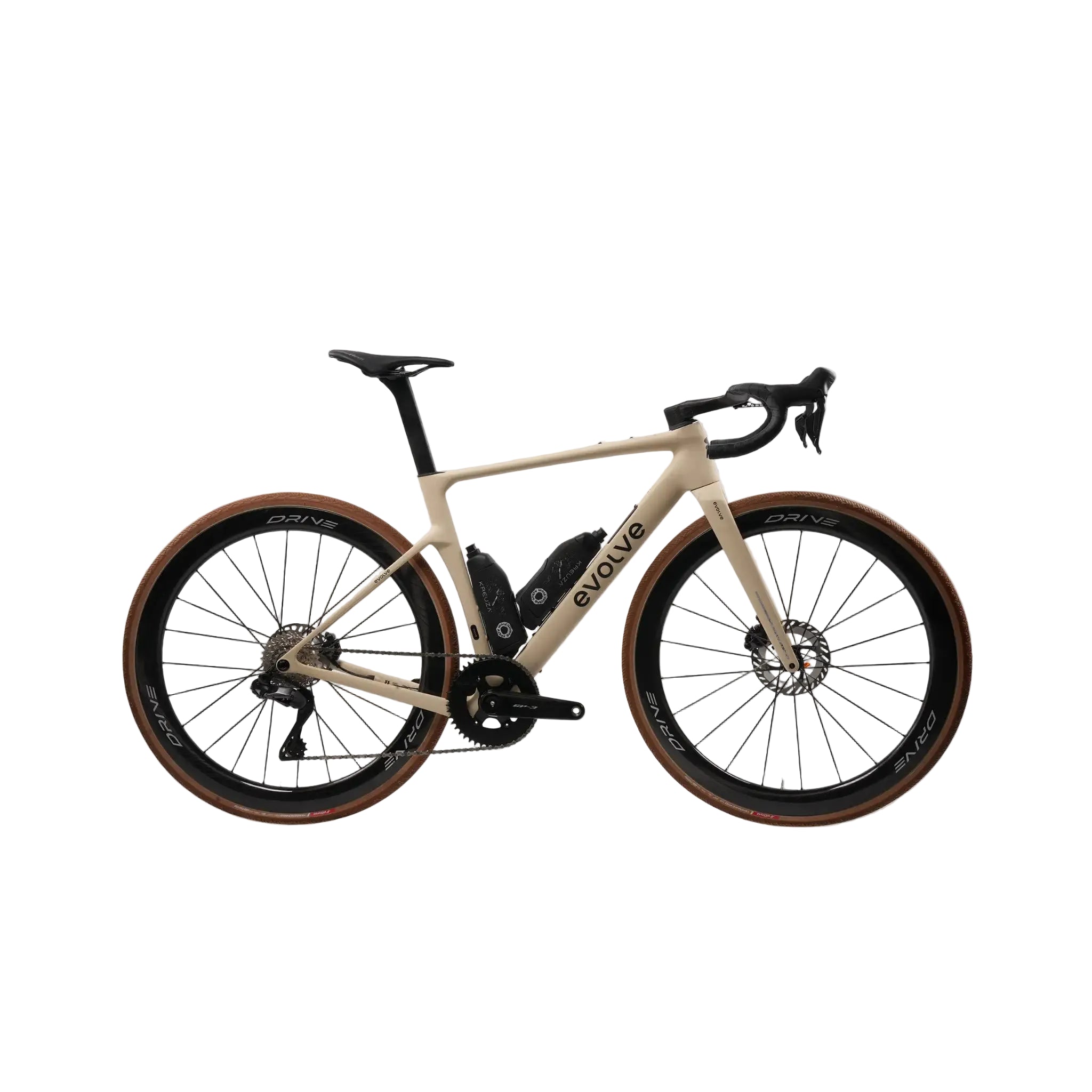 A road bicycle with a cream-colored frame, black components, and brown sidewall tires, shown from a side profile on a light gray background.