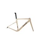 A carbon fiber road bicycle frame in a light beige/tan finish with a black seat post and black 'evolve' branding on the down tube, shown against a solid gray background.
