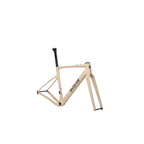 A light beige carbon fiber road bike frame with black components, including a black seat post and black 'evolve' branding on the down tube, shown against a solid gray background.