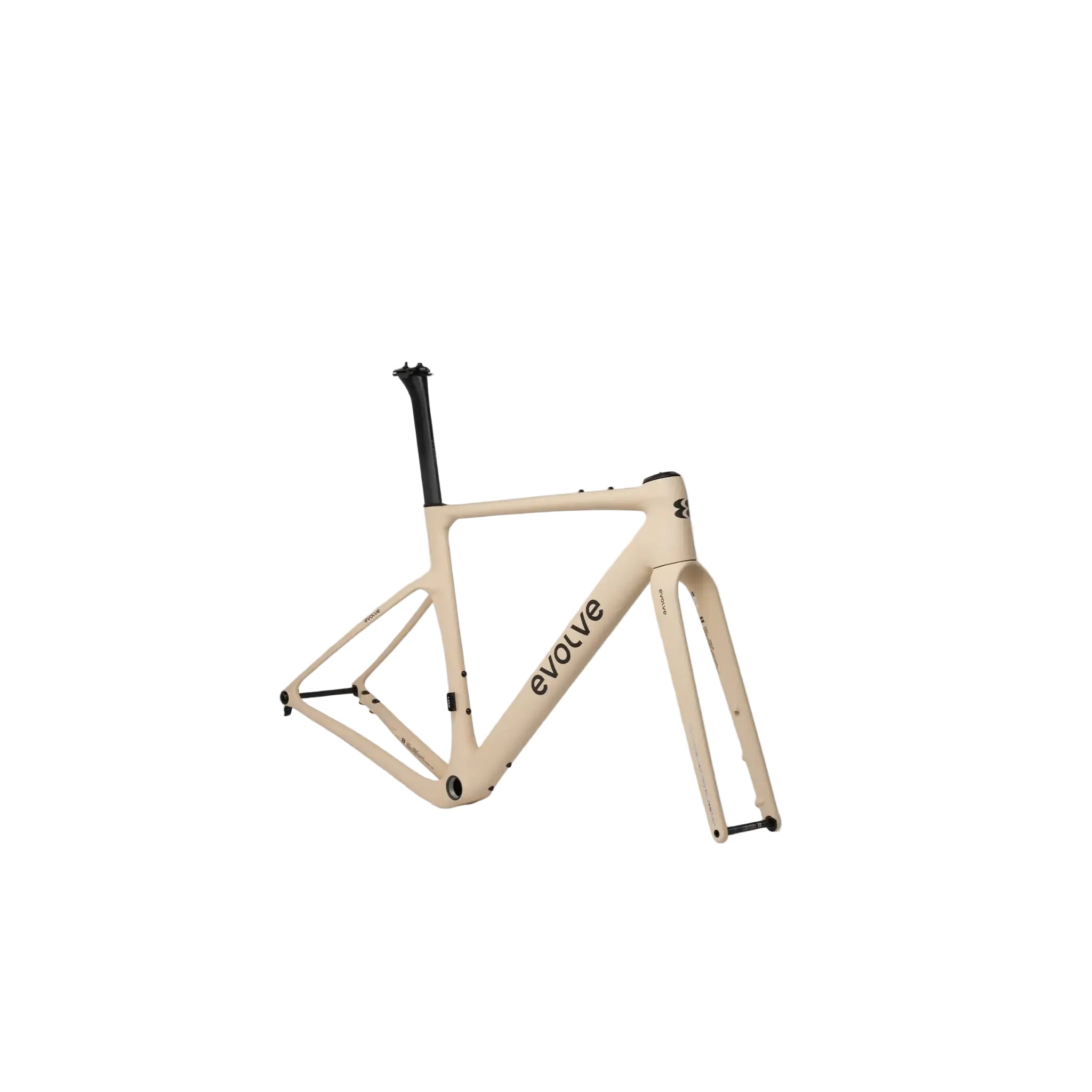 A light beige carbon fiber road bike frame with black components, including a black seat post and black 'evolve' branding on the down tube, shown against a solid gray background.