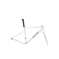 A white Evolve bicycle frame with black and blue branding details, shown on a light gray background.