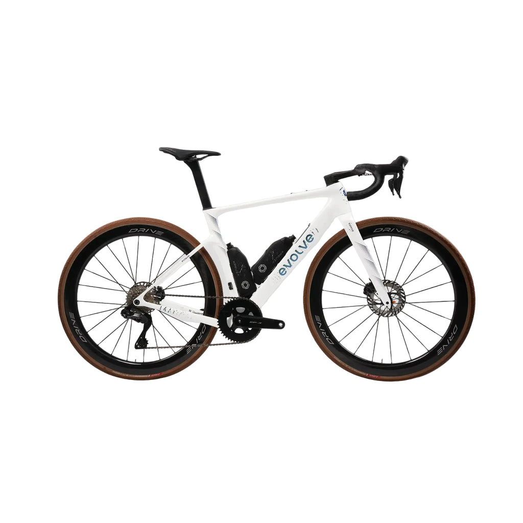 A white Evolve road bicycle with black components and brown sidewall tires, shown from a side profile against a light gray background.