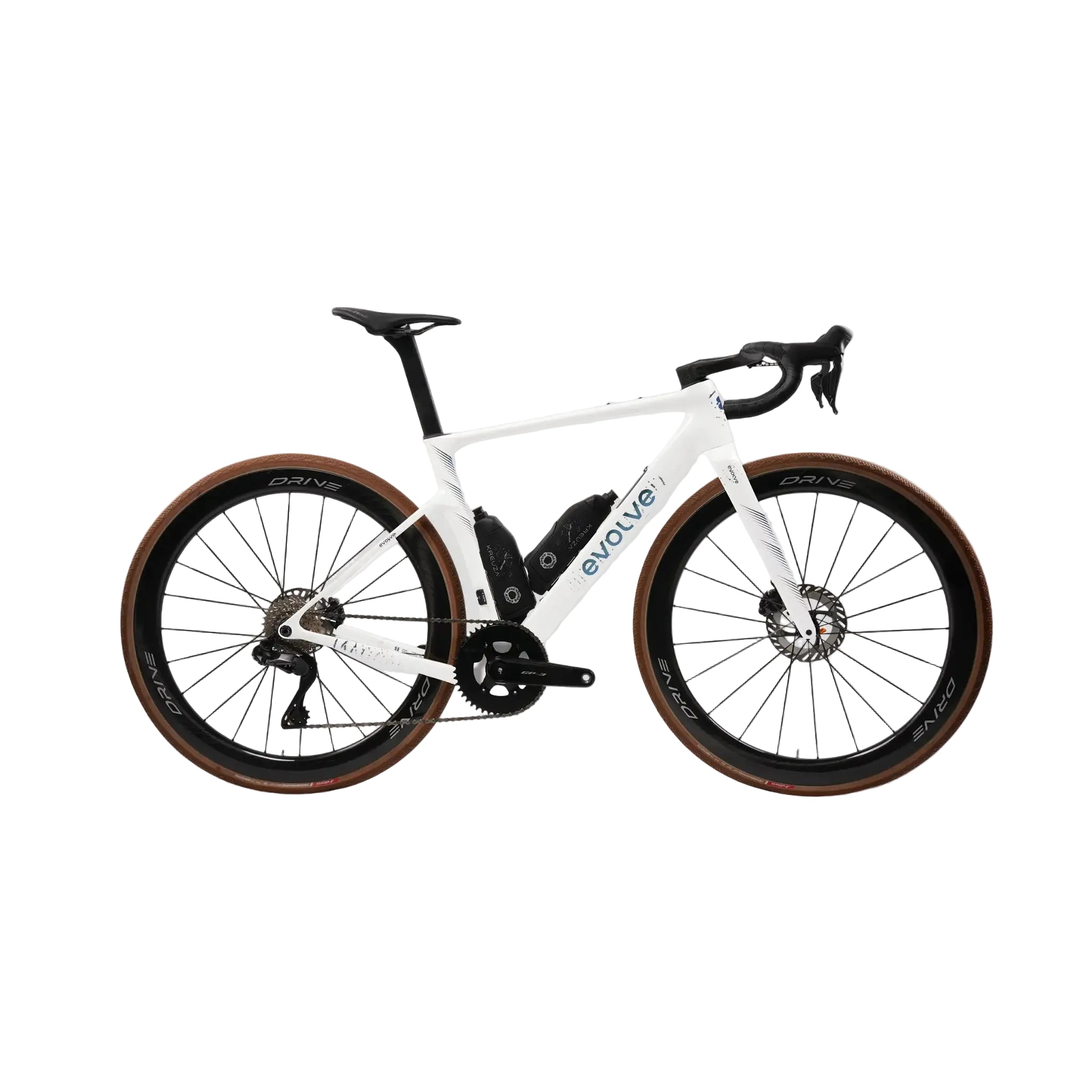A white Evolve road bicycle with black components and brown sidewall tires, shown from a side profile against a light gray background.