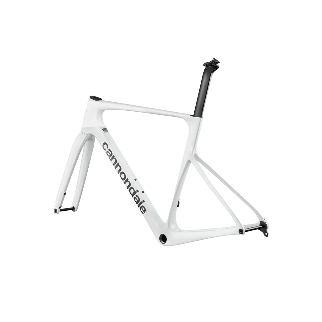 A white Cannondale road bicycle frame with black components, including the seatpost and bottom bracket, shown on a light gray background.