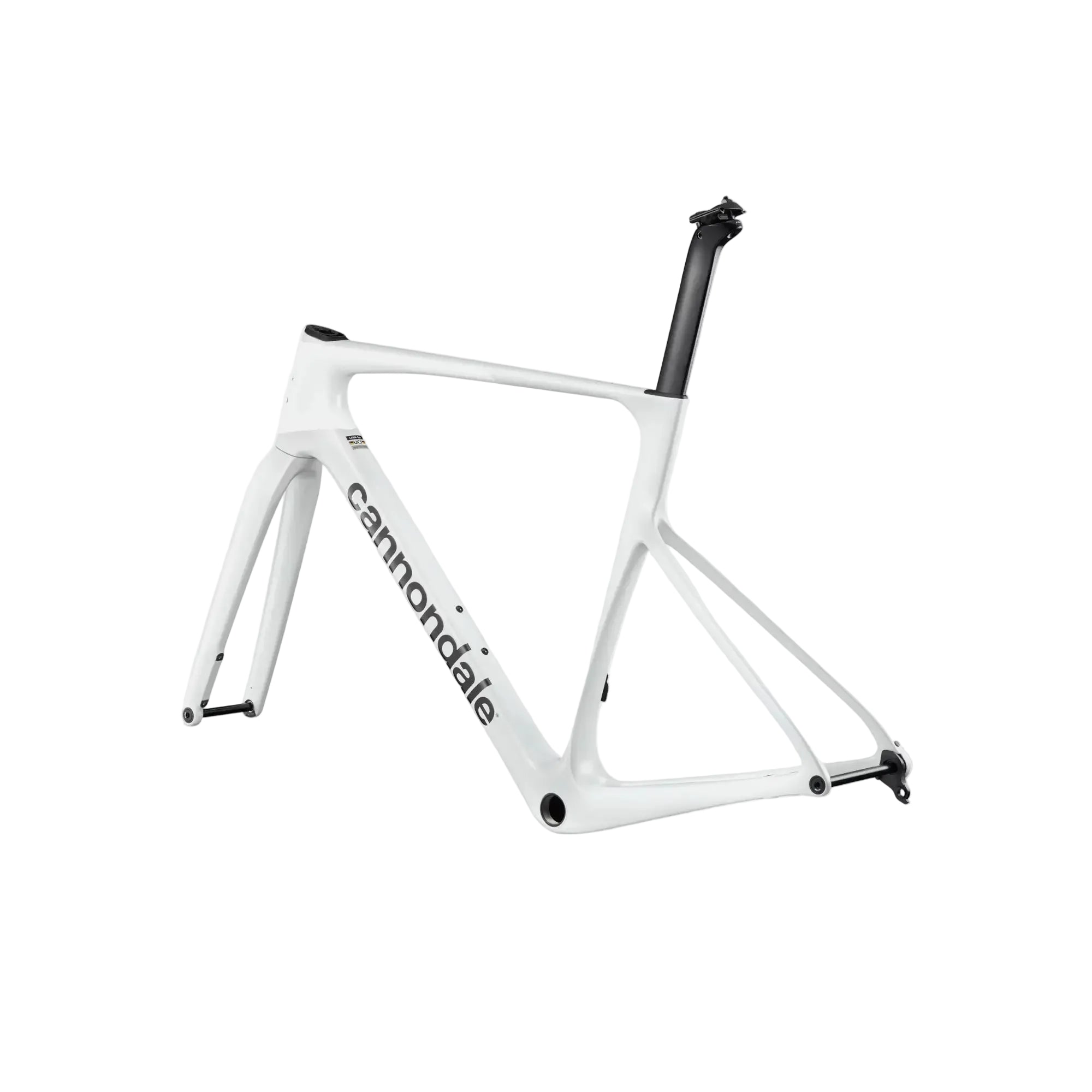 A white Cannondale road bicycle frame with black components, including the seatpost and bottom bracket, shown on a light gray background.