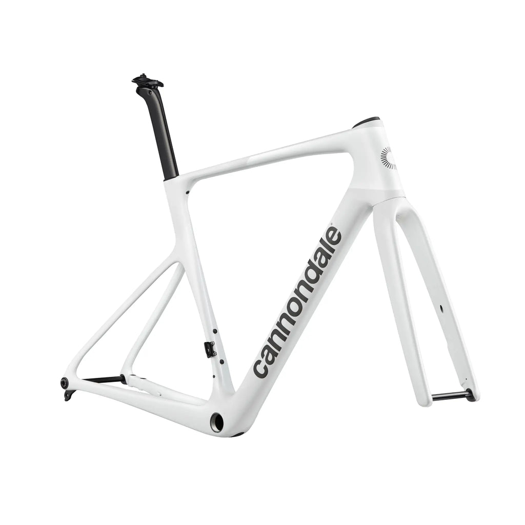 A white Cannondale bicycle frame with black branding and black seat post, shown on a clean white background.