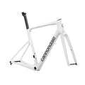 A white Cannondale bicycle frame with black branding and black seat post, shown on a clean white background.