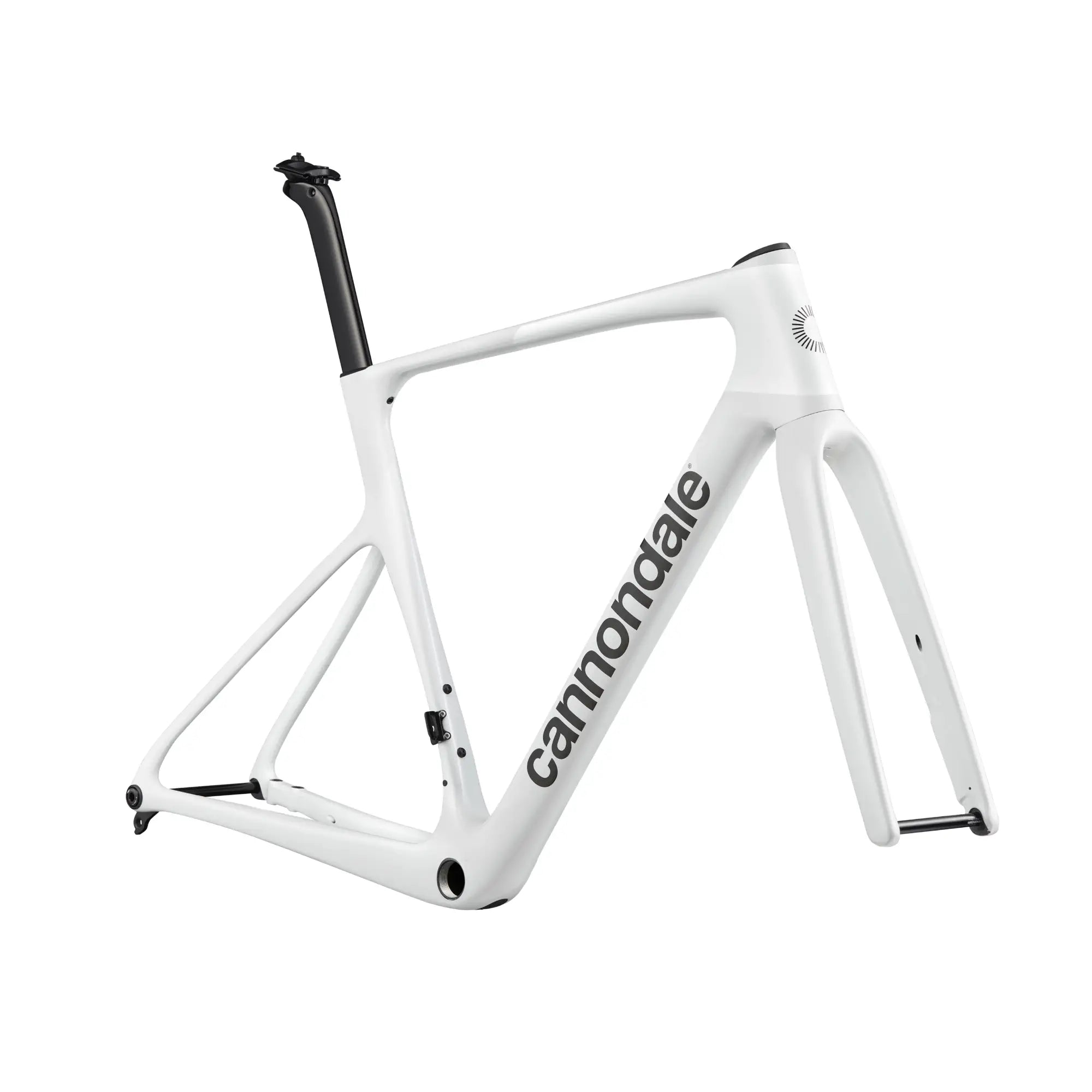 A white Cannondale bicycle frame with black branding and black seat post, shown on a clean white background.