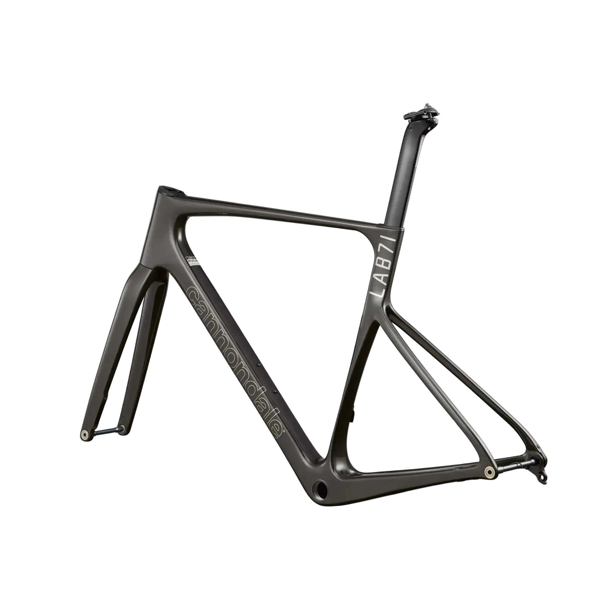 A dark gray carbon fiber bicycle frame, shown from a side profile view against a light gray background. The frame features the brand name 'Cannondale' printed vertically on the down tube and 'LAB 71' on the seat tube.