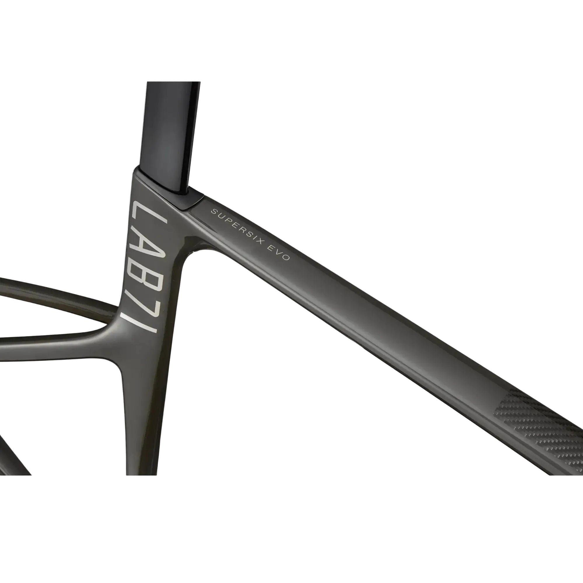 Close-up of a dark gray carbon fiber bicycle frame showing the LAB71 brand name on the down tube and 'SUPERSIX EVO' on the top tube, set against a light gray background.