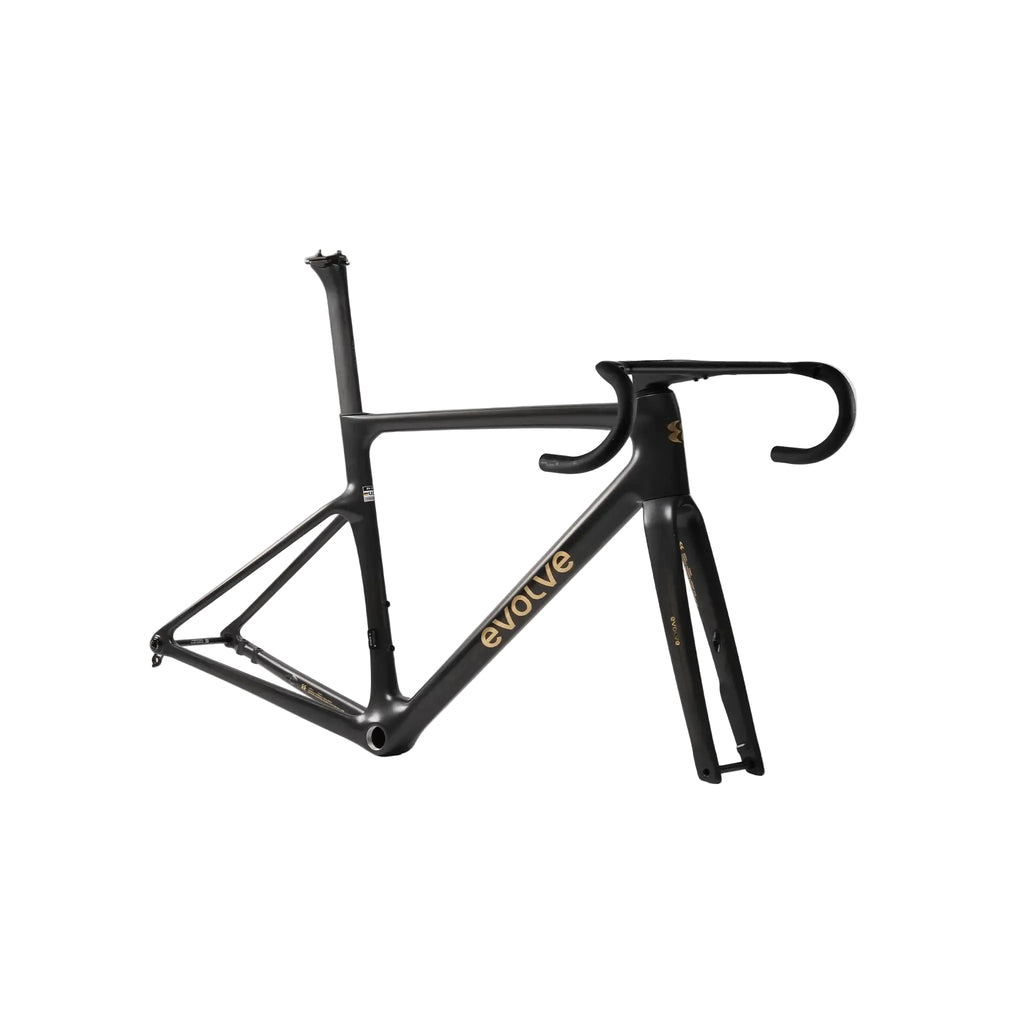 A black carbon fiber road bicycle frame with gold 'evolve' branding on the down tube, shown with drop handlebars and a seat tube against a light gray background.