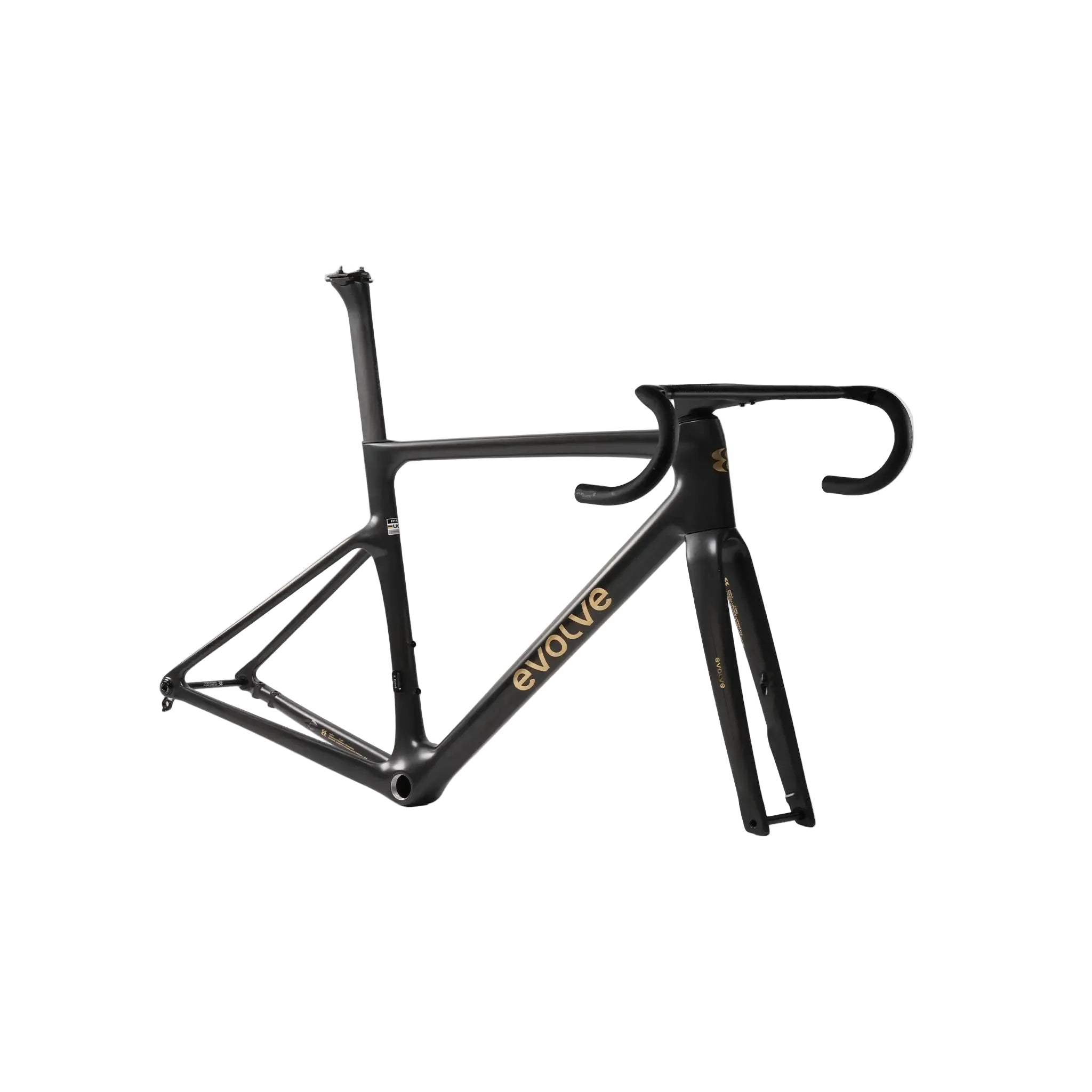 A black carbon fiber road bicycle frame with gold 'evolve' branding on the down tube, shown with drop handlebars and a seat tube against a light gray background.