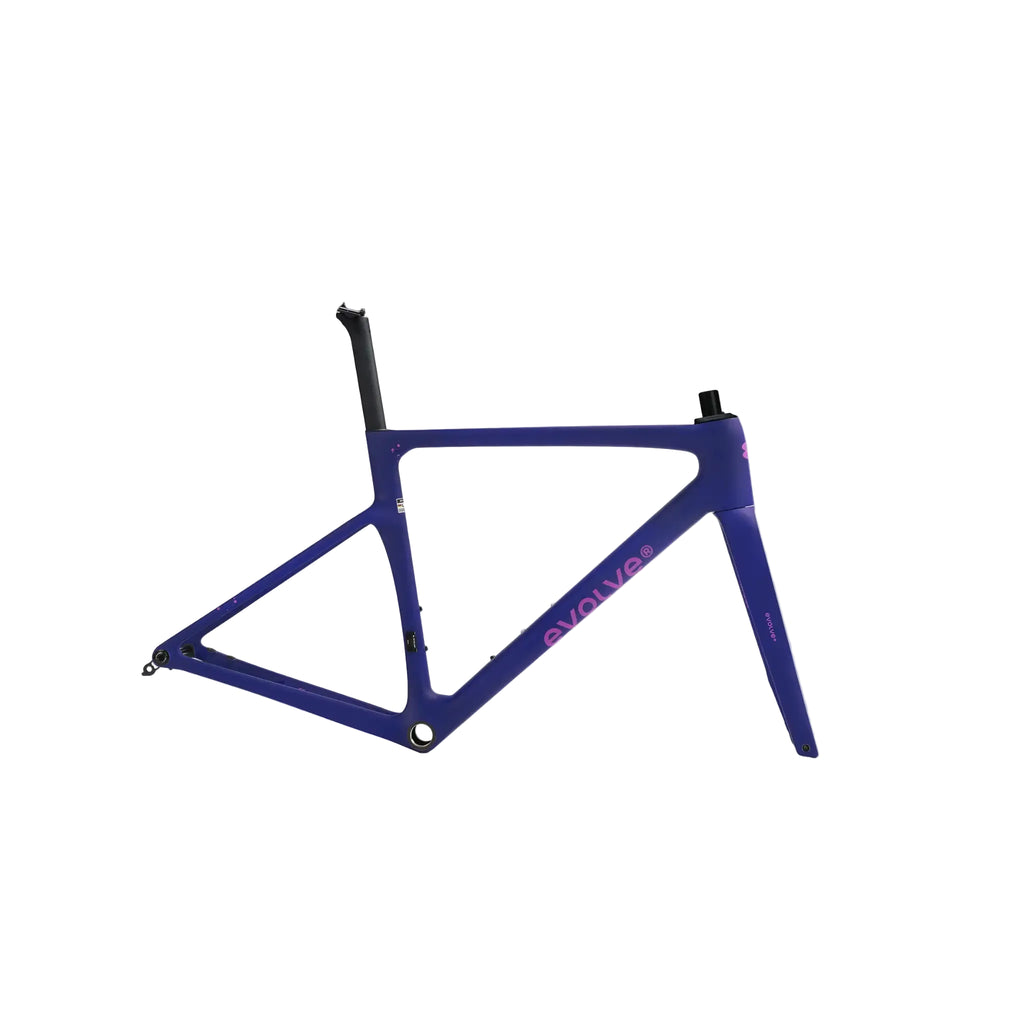 A blue and purple road bike frame with pink 'EVALVO' branding, displayed on a light gray background.