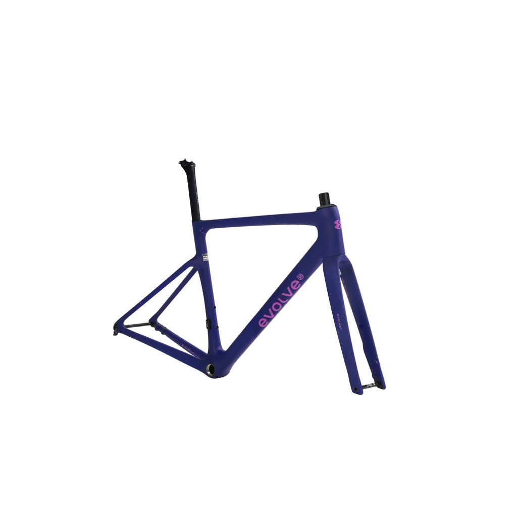 A blue Evolution bicycle frame with pink branding, displayed on a light gray background.