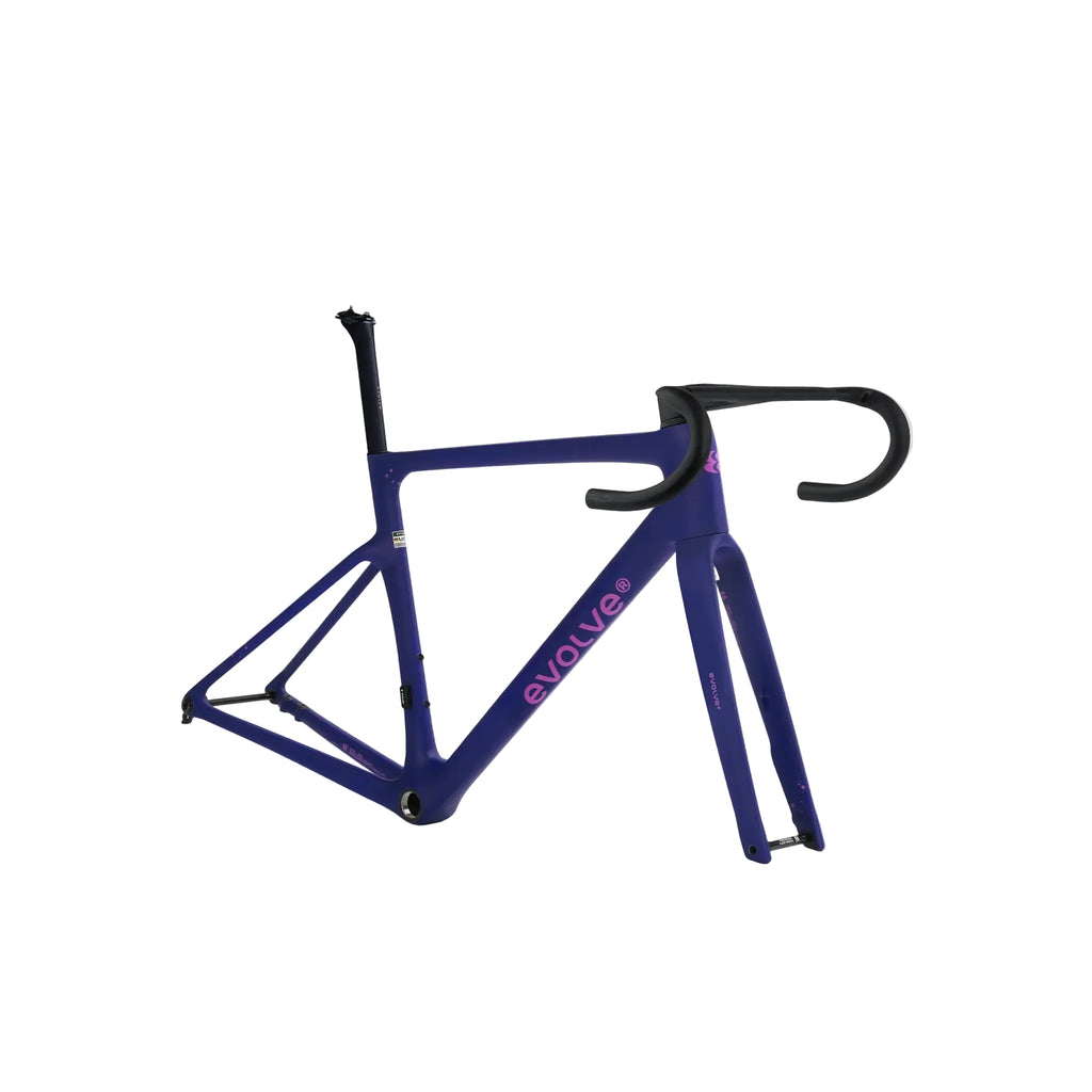 A blue Evolution road bike frame with black drop handlebars and black seatpost, displayed on a light gray background.