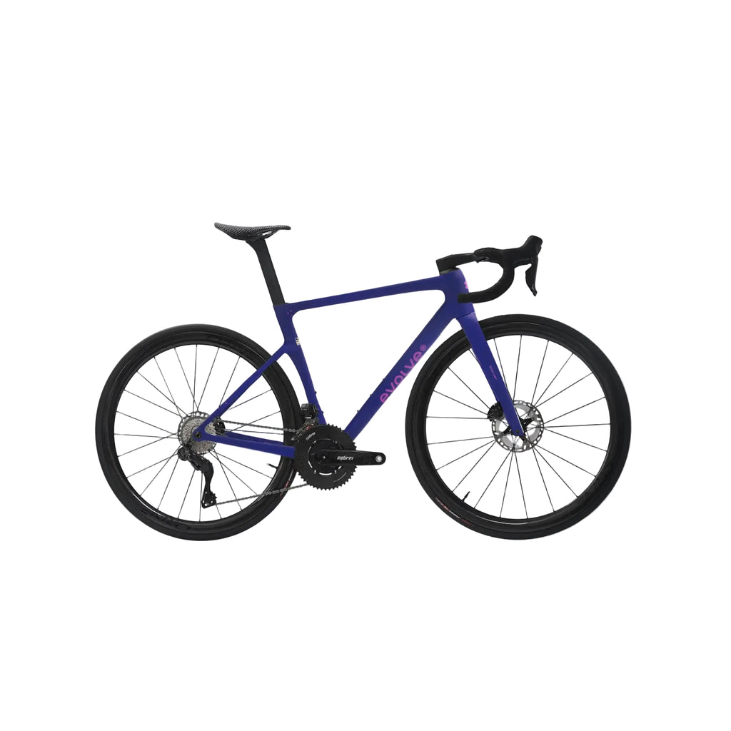 A blue and black road bicycle with drop handlebars and disc brakes, shown from a side profile against a light gray background.