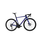 A blue and black road bicycle with drop handlebars and disc brakes, shown from a side profile against a light gray background.