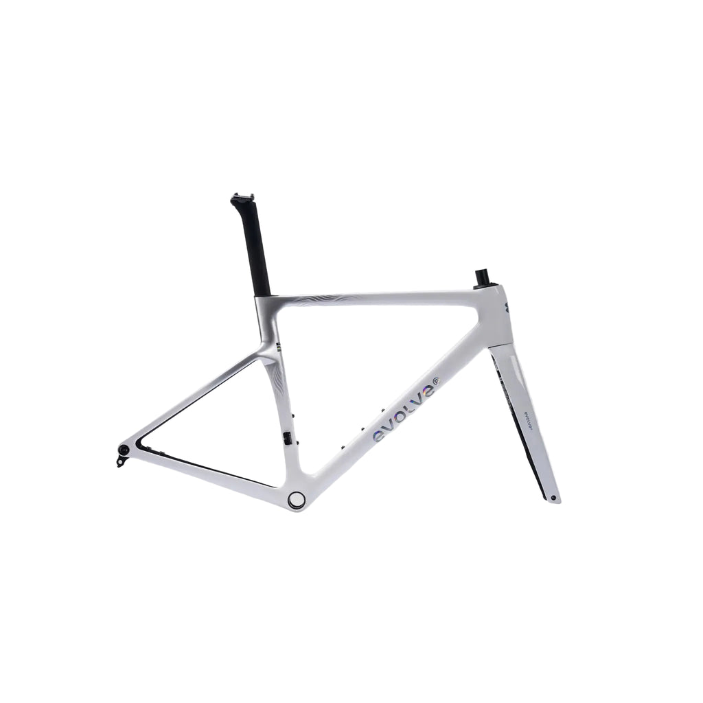 A white Evolve carbon fiber road bicycle frame with black seatpost and black accents, displayed against a light gray background.