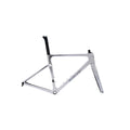 A white Evolve carbon fiber road bicycle frame with black seatpost and black accents, displayed against a light gray background.