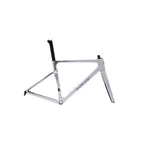 A white Evolve carbon fiber road bicycle frame with black seatpost and black accents, displayed against a light gray background.