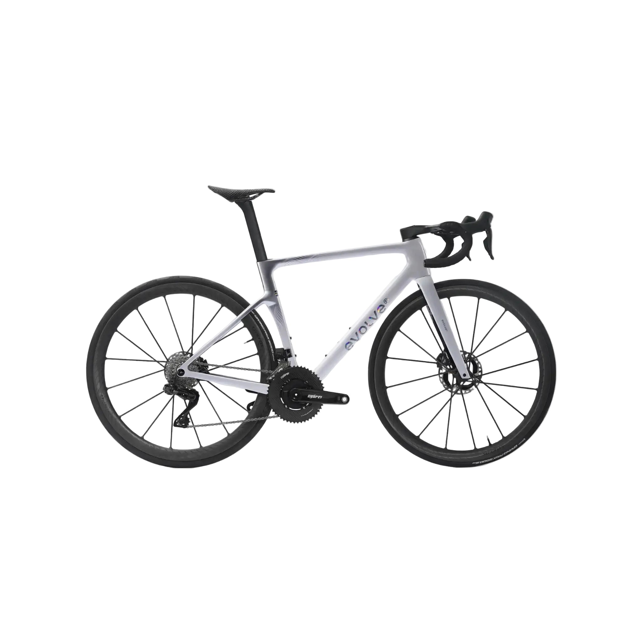 A silver and black Evolve road bicycle shown from a side profile against a light gray background.