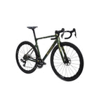 A drop-bar road bicycle with a dark olive green and black camouflage frame, black wheels, and black components, shown against a light gray background.