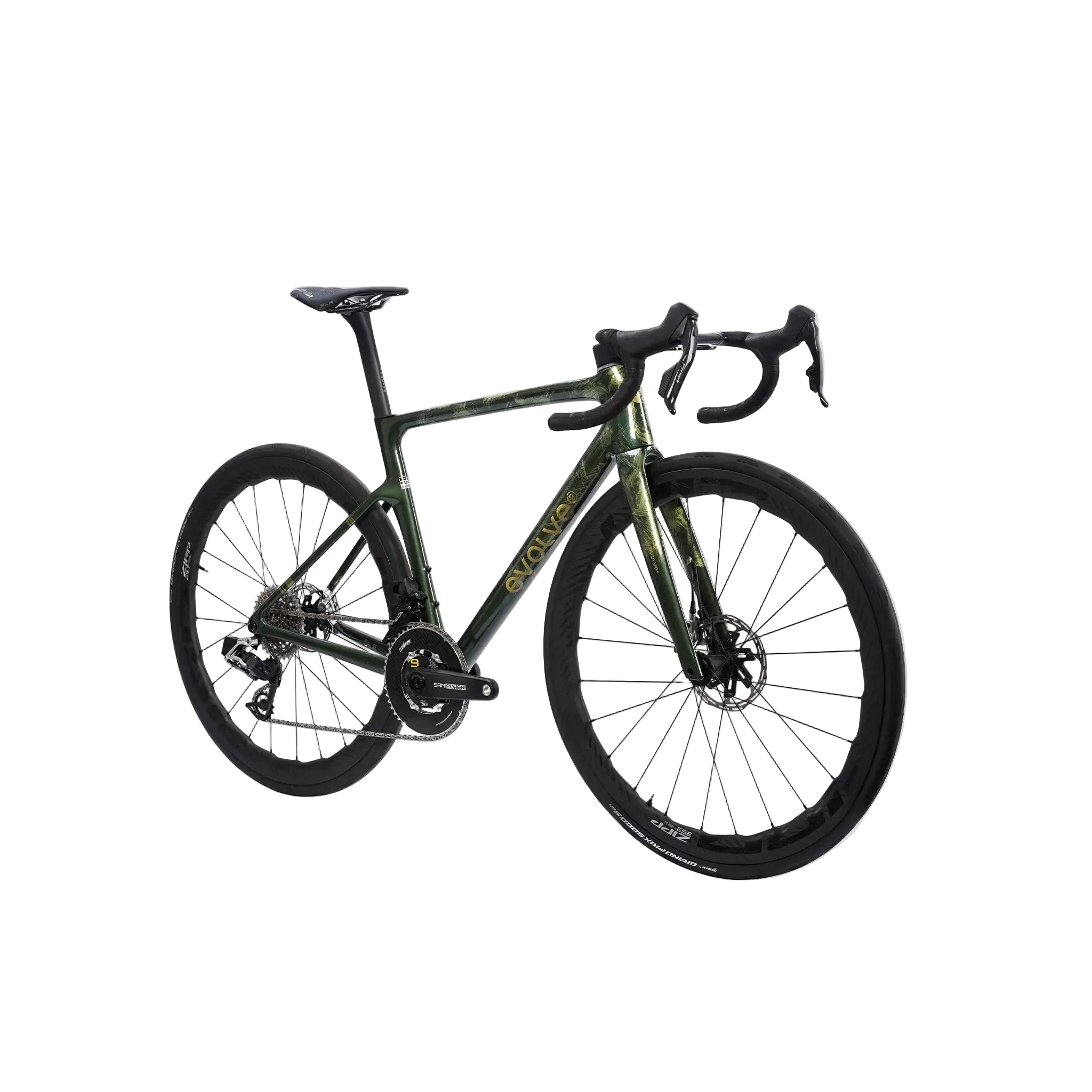 A drop-bar road bicycle with a dark olive green and black camouflage frame, black wheels, and black components, shown against a light gray background.
