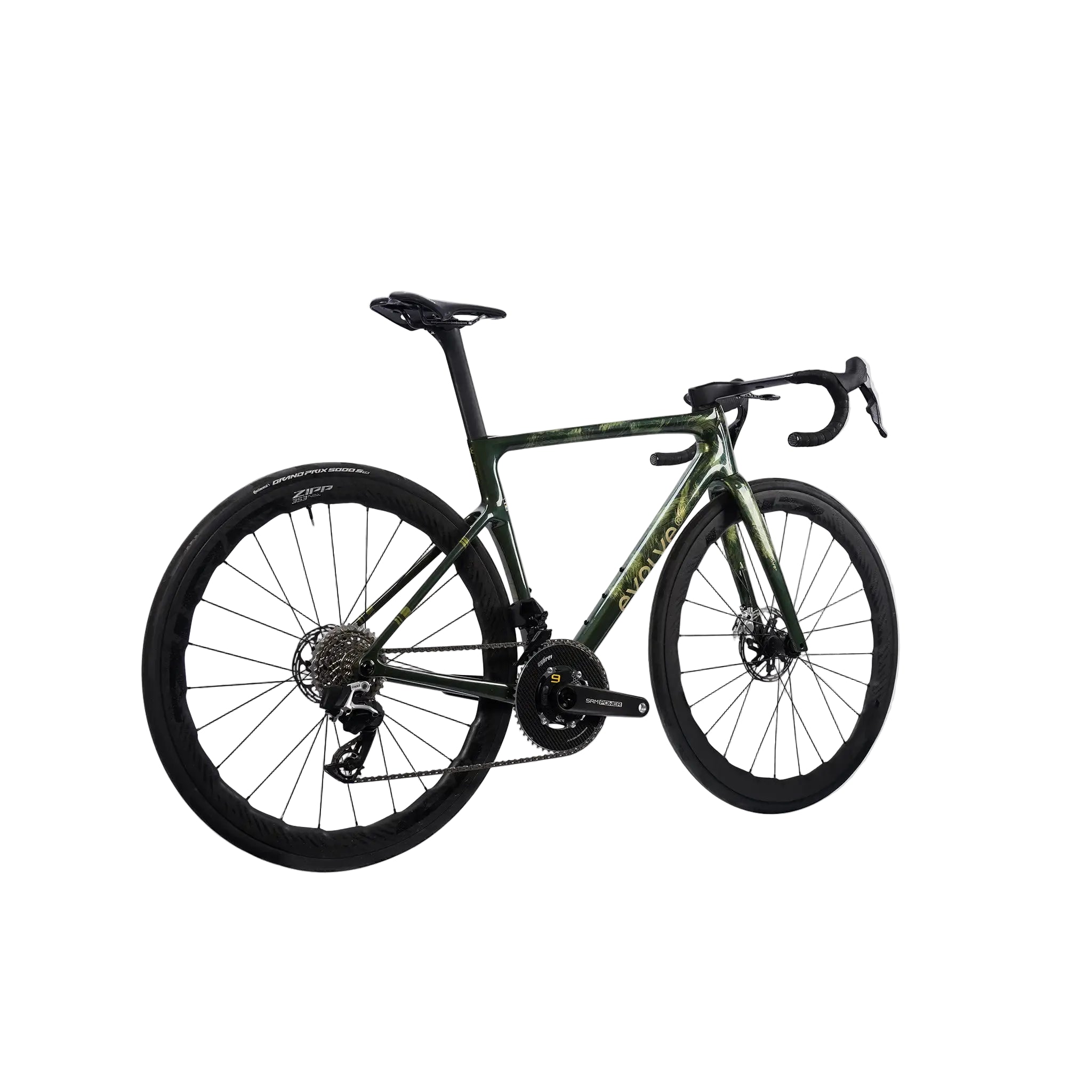 A carbon fiber road bicycle with a dark green and black camouflage pattern frame, black wheels, and black components, shown from a side profile on a light gray background.