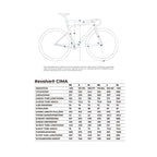 A sizing chart for the #revolve CIMA, showing a line drawing of the bike with labeled dimensions and a table below listing measurements for XS, S, M, L, and XL.