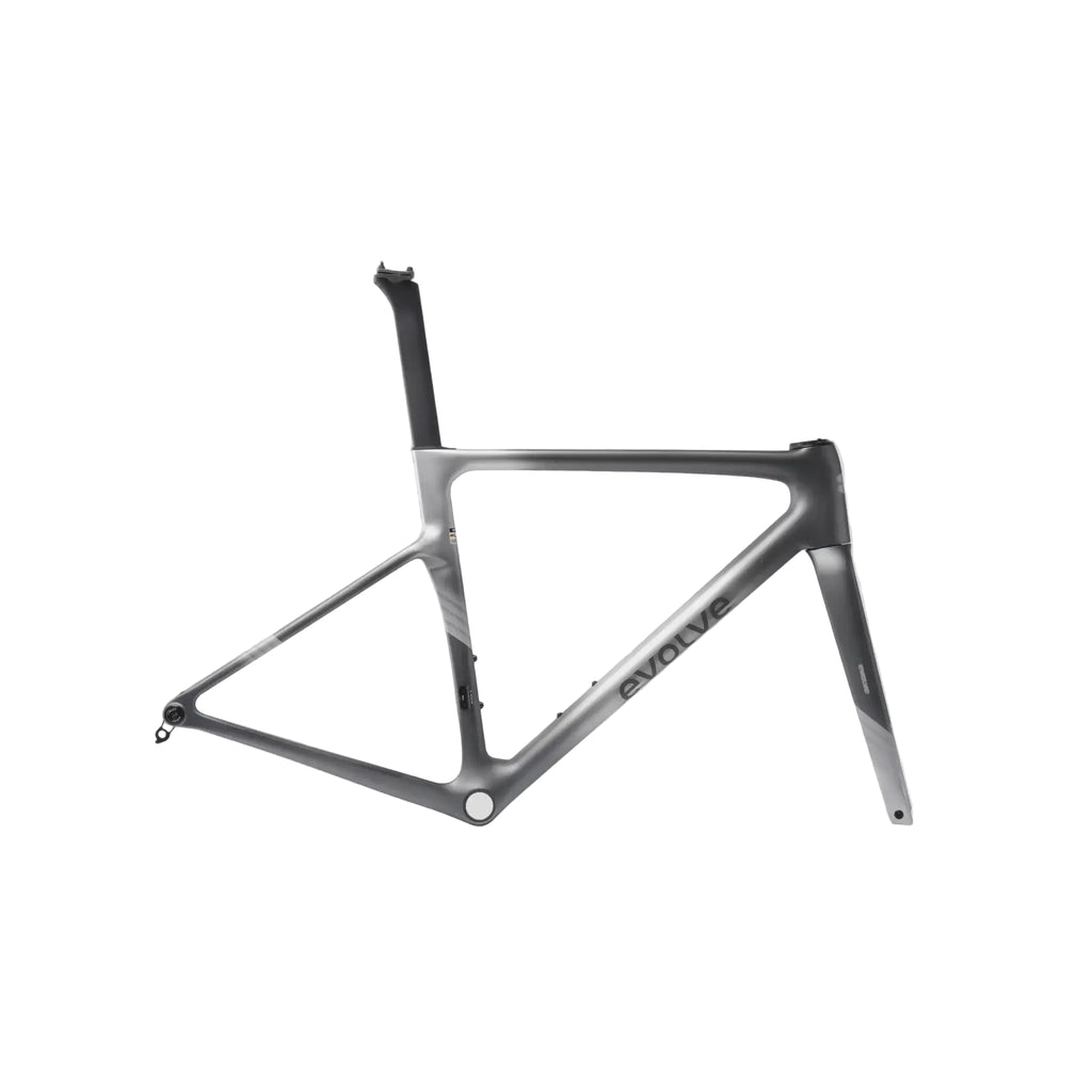 A carbon fiber bicycle frame, specifically the Evolve model with visible branding, shown in a side profile against a light gray background.
