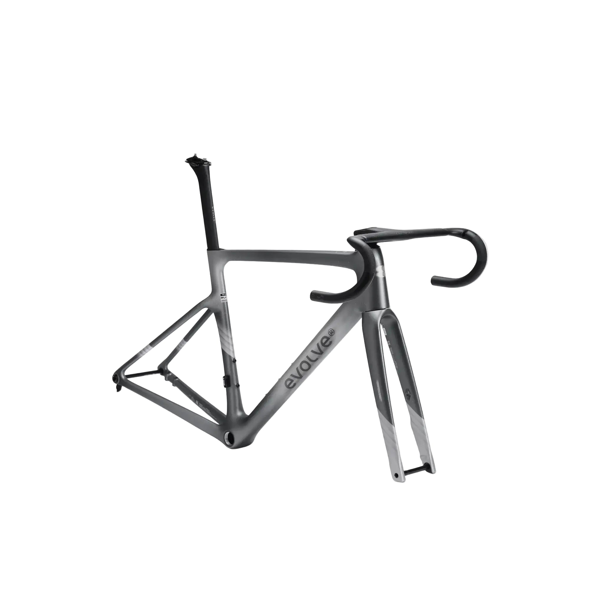A dark gray carbon fiber road bicycle frame with black drop handlebars and a black seat post, shown on a light gray background. The brand name 'evolve' is printed on the down tube.