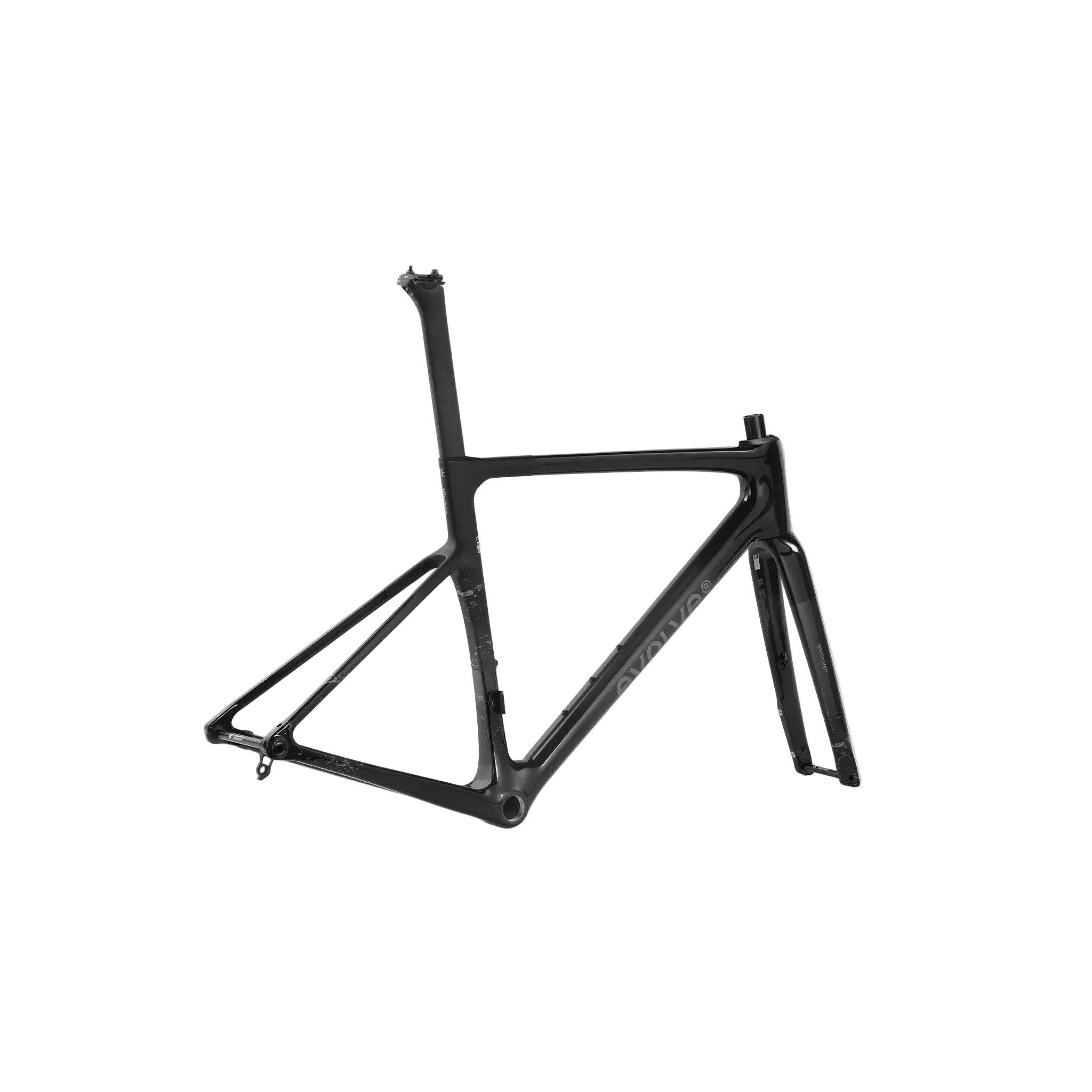 A black carbon fiber road bicycle frame with a matching front fork, displayed on a light gray background.