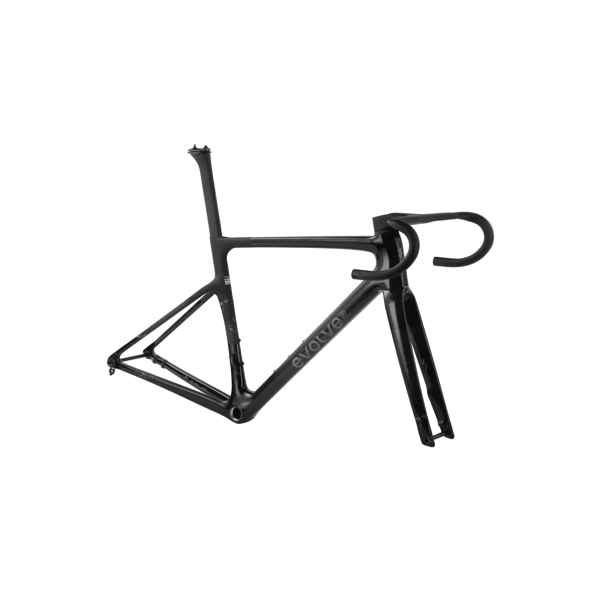 A matte black carbon fiber road bike frame with integrated drop handlebars and a visible 'evolve' brand decal on the down tube, shown against a neutral light gray background.