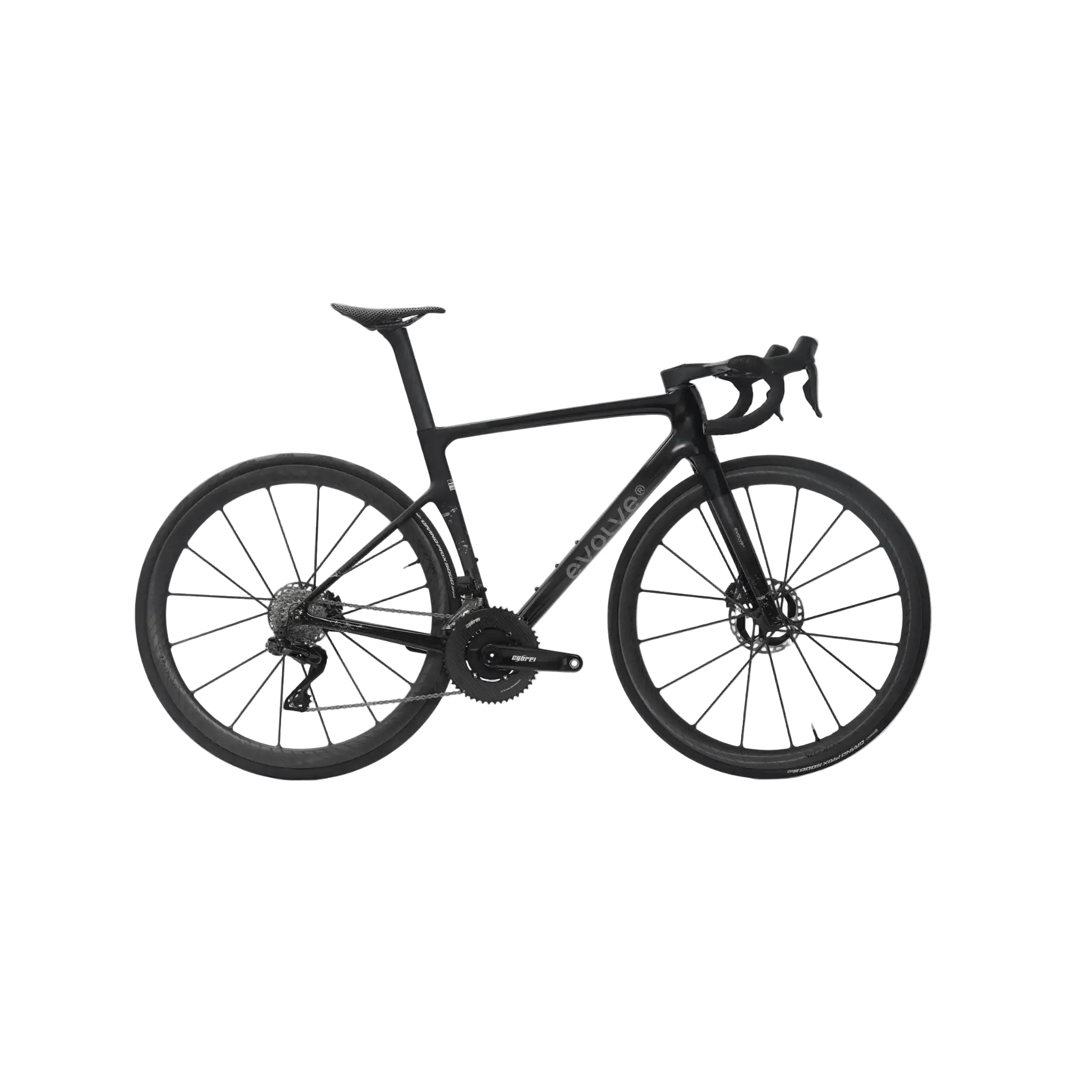 A black road bicycle with drop handlebars, disc brakes, and a sleek carbon fiber frame, shown from a side profile against a light gray background.