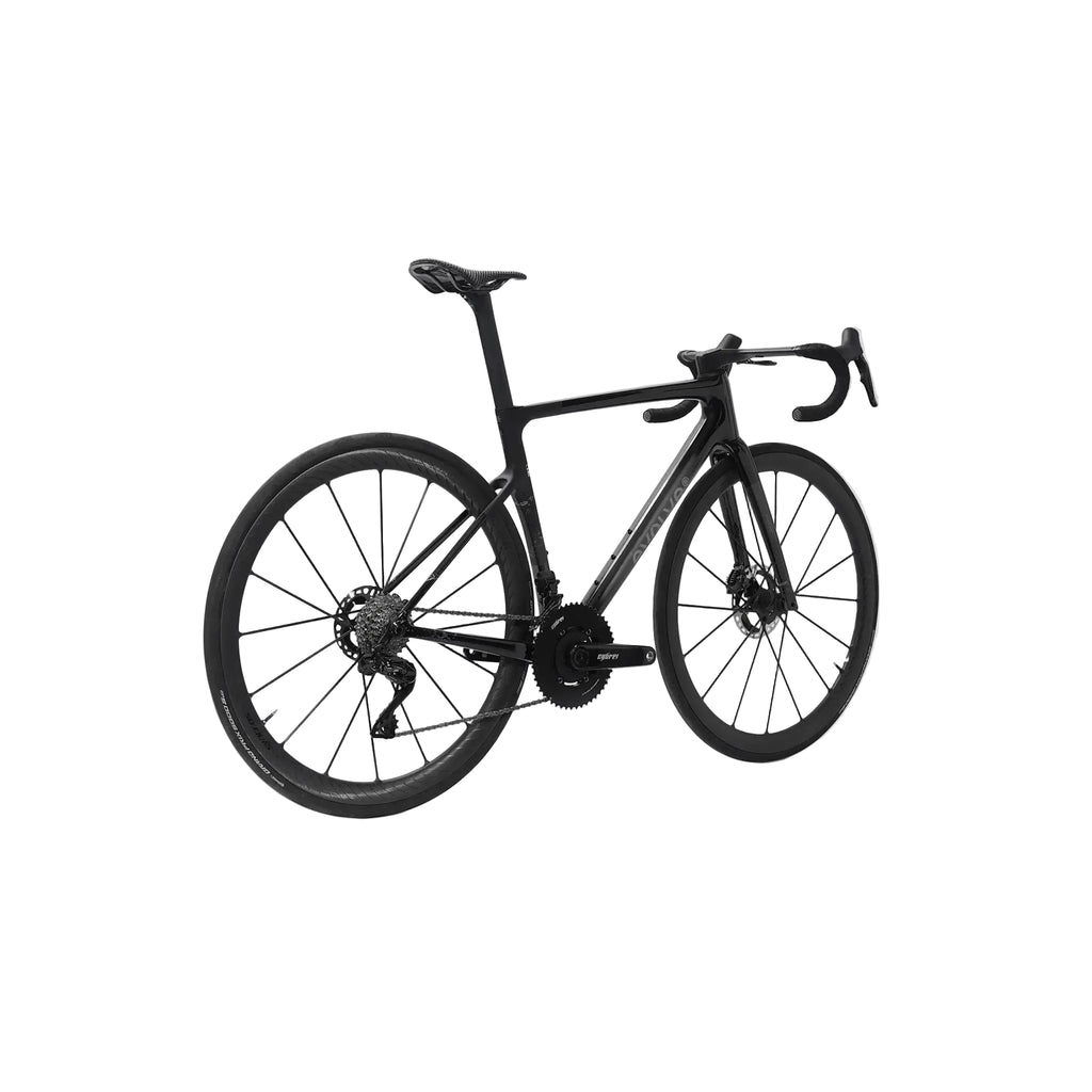 A black road bicycle with drop handlebars, disc brakes, and carbon fiber wheels, shown from a side profile against a light gray background.
