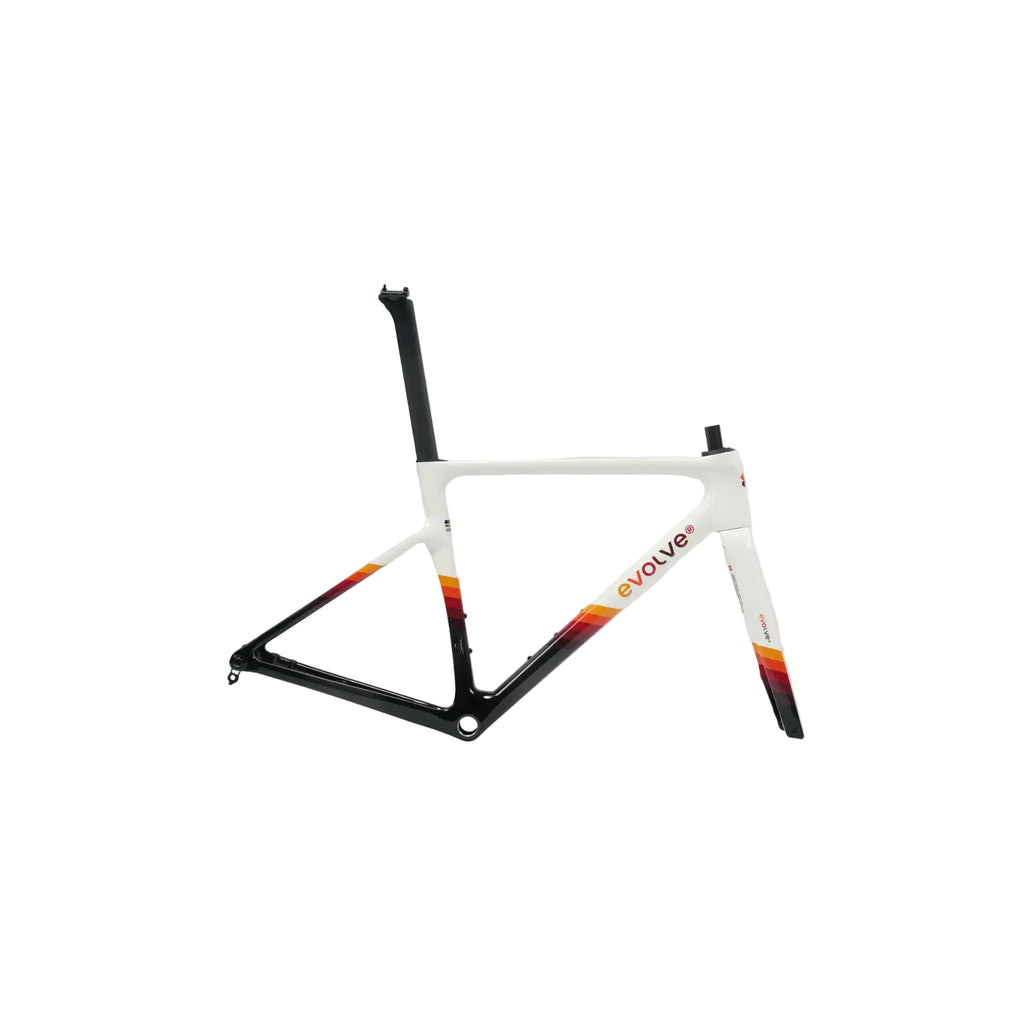 A white Evolve bicycle frame with black seatpost and black bottom bracket, featuring a red, orange, and yellow flame gradient decal on the down tube and seat tube, shown on a light gray background.