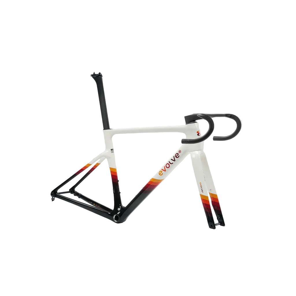 A white and black road bicycle frame with orange and red gradient decals, drop handlebars, and a seat post, shown on a light gray background.