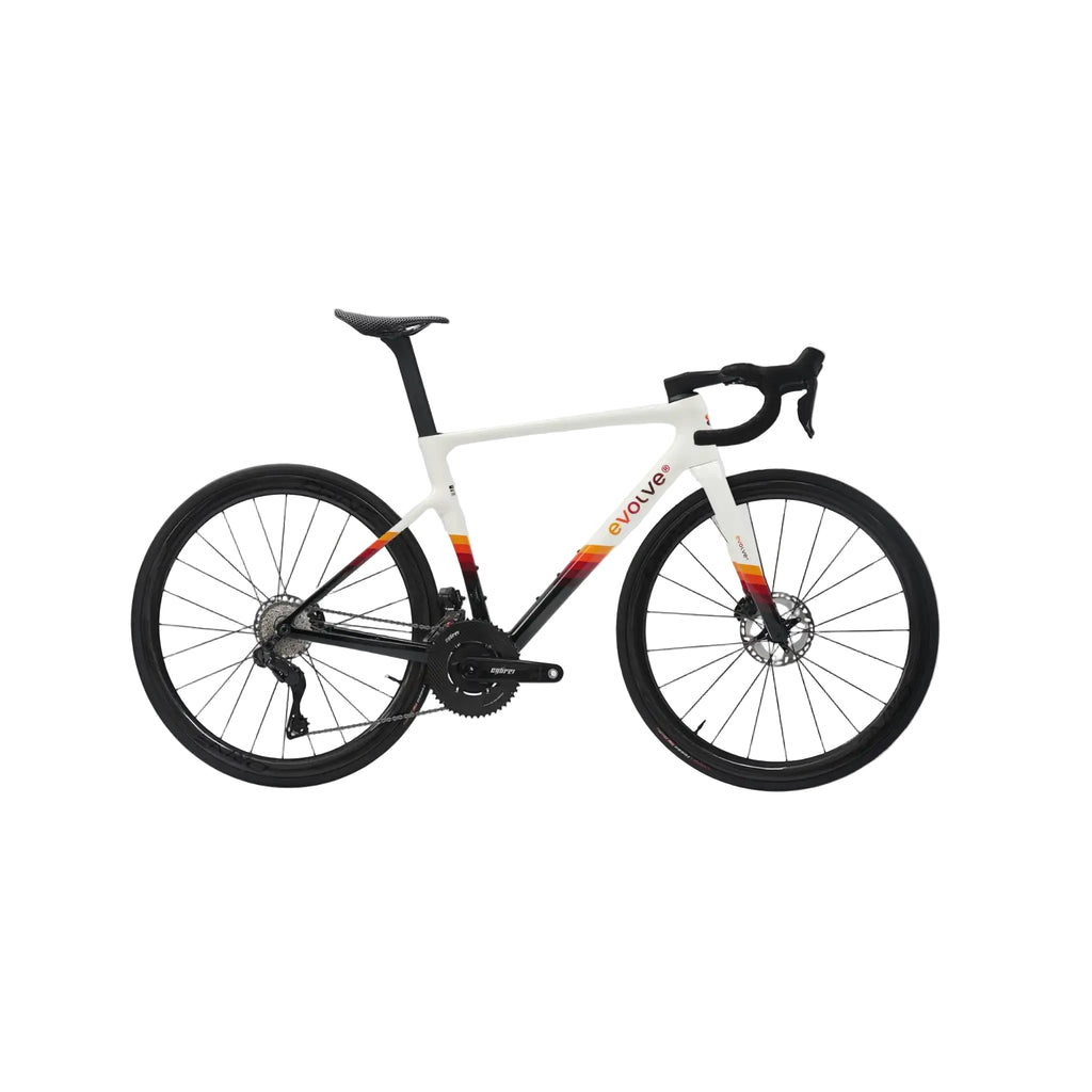A white Evolve road bicycle with black components and orange/yellow gradient accents on the frame, shown against a light gray background.