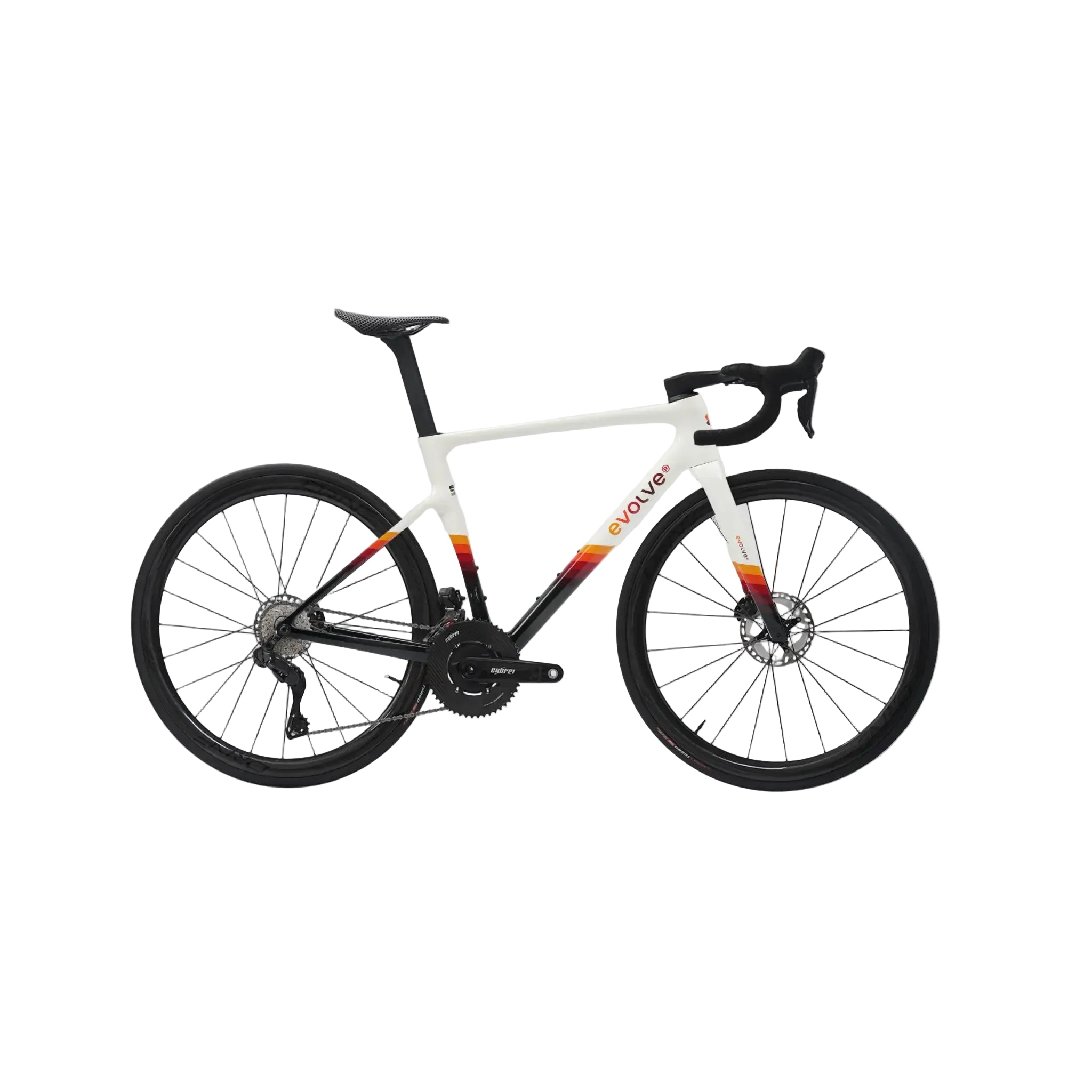A white Evolve road bicycle with black components and orange/yellow gradient accents on the frame, shown against a light gray background.
