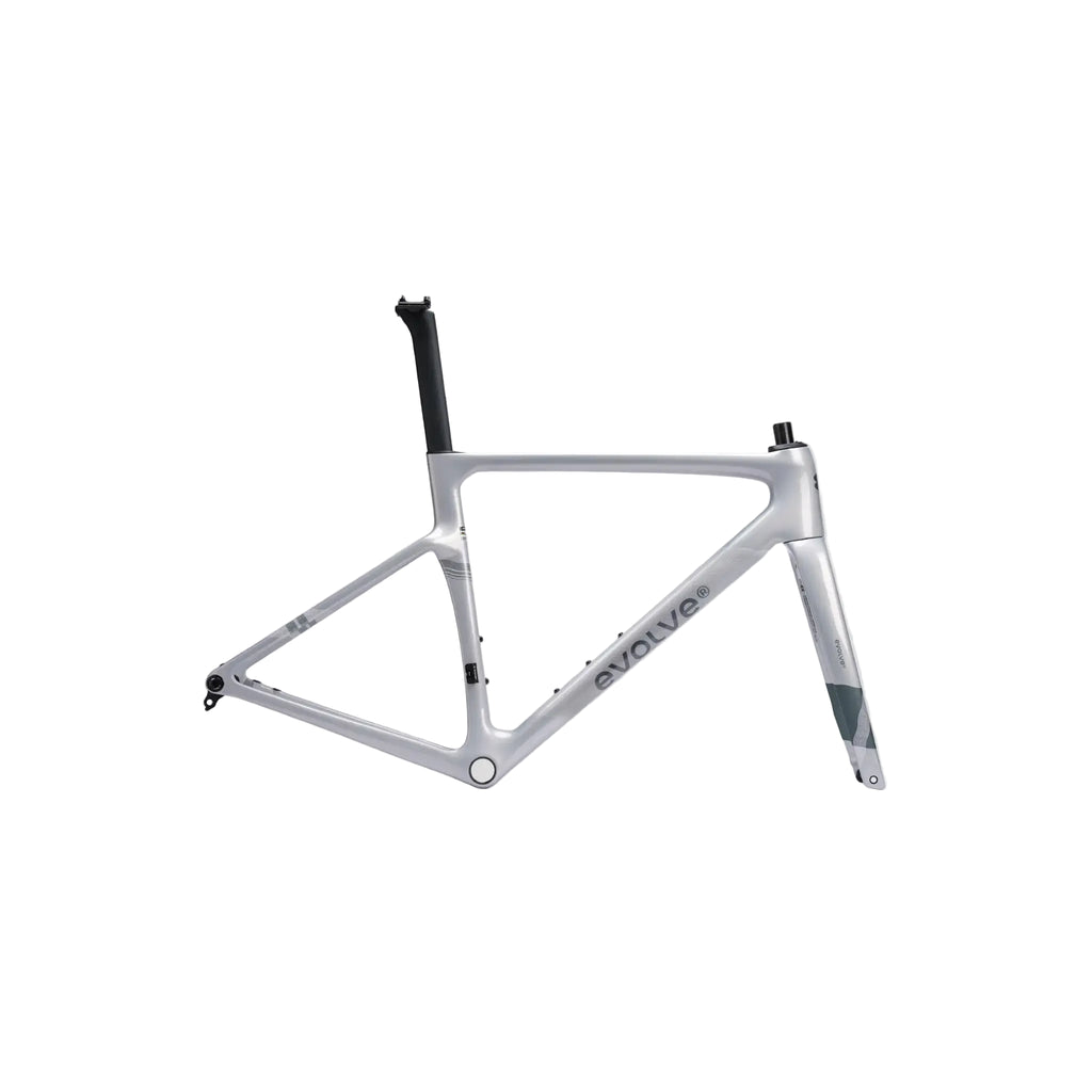 A silver Evolve road bicycle frame with black components, shown against a light gray background.