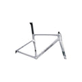 A silver Evolve road bicycle frame with black components, shown against a light gray background.