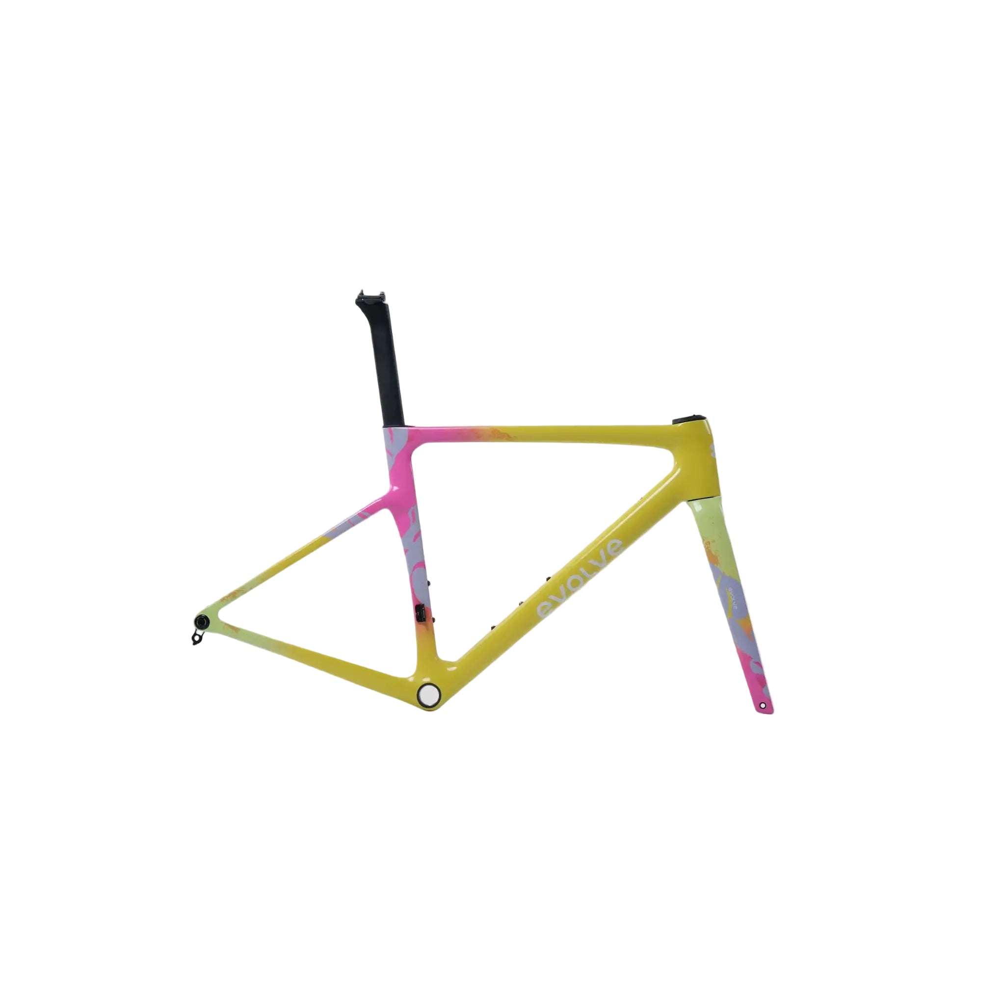 A carbon fiber bicycle frame with a vibrant yellow, pink, and green tie-dye pattern, displayed on a neutral gray background.