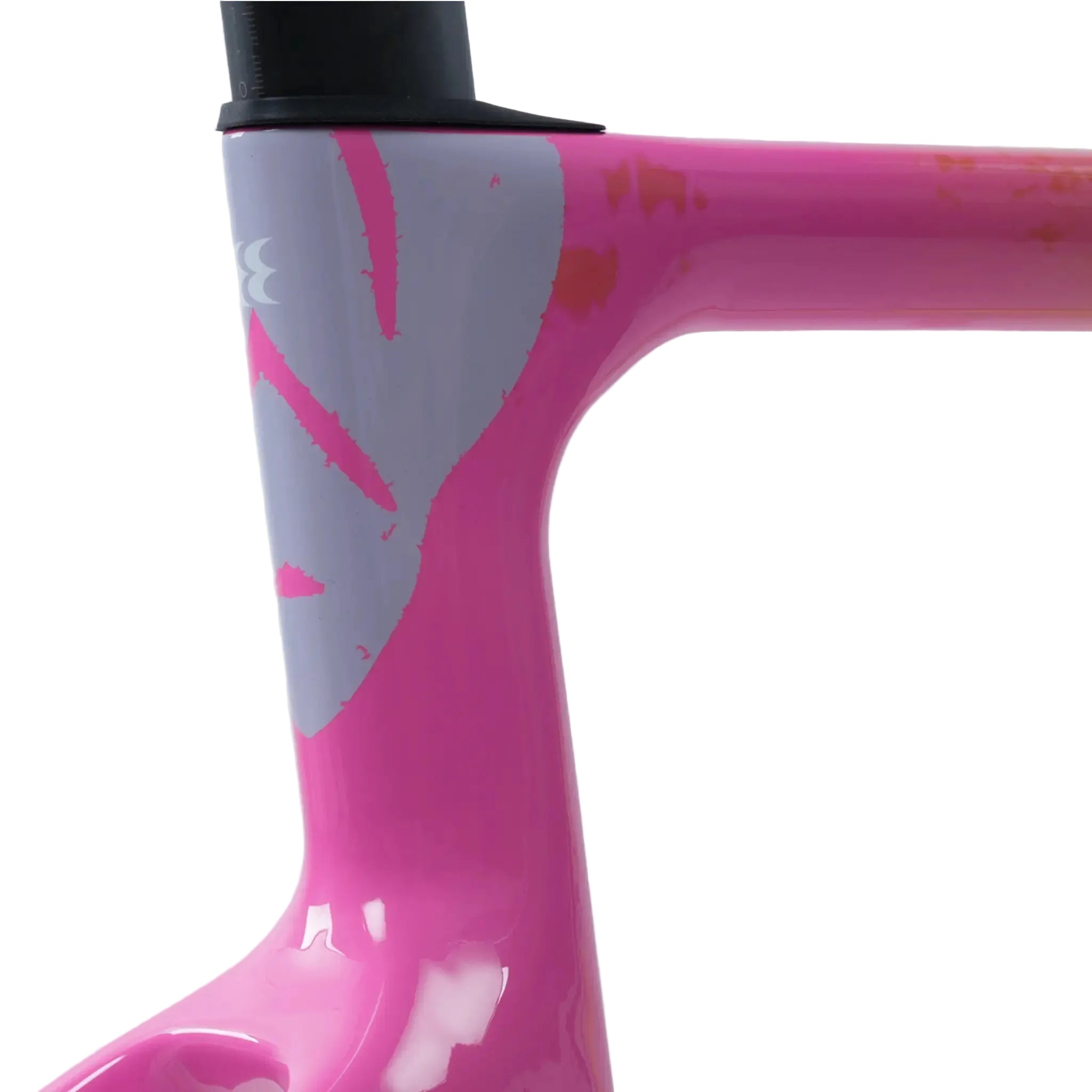 Close-up of a bicycle frame in glossy pink with a large light gray abstract graphic panel and a black seat post clamp, shown against a plain light gray background.