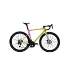 A road bicycle with a vibrant yellow, pink, and white frame, black wheels, and black components, shown against a light gray background.