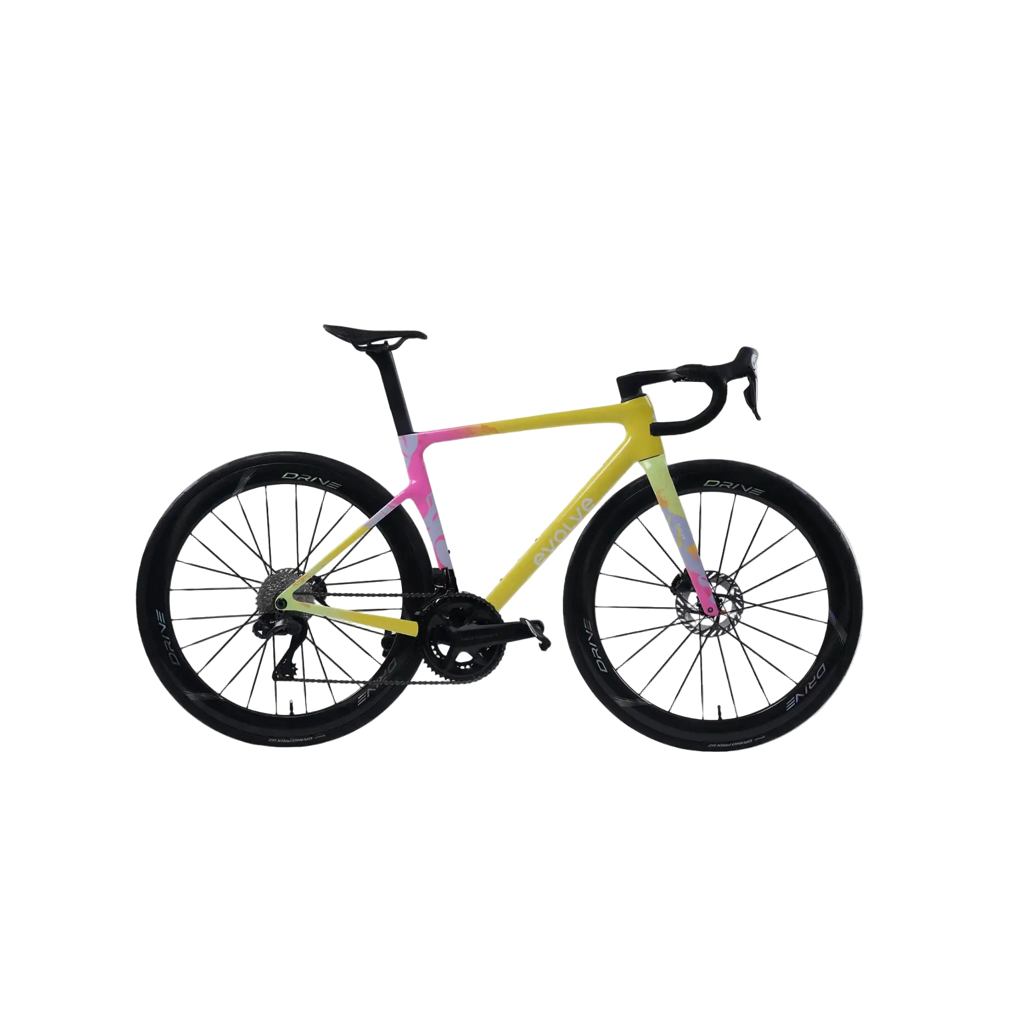 A road bicycle with a vibrant yellow, pink, and white frame, black wheels, and black components, shown against a light gray background.