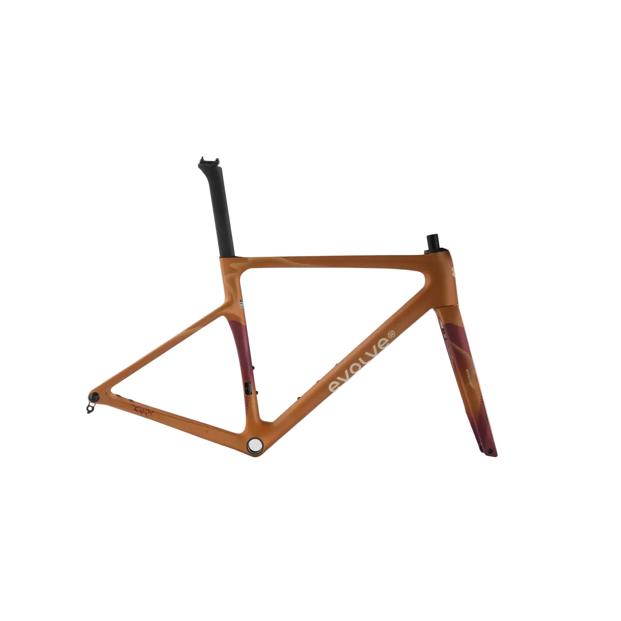 A carbon fiber bicycle frame in a matte copper-orange finish with dark purple and red gradient accents near the fork and seat tube, featuring the 'evolve' brand name on the down tube.