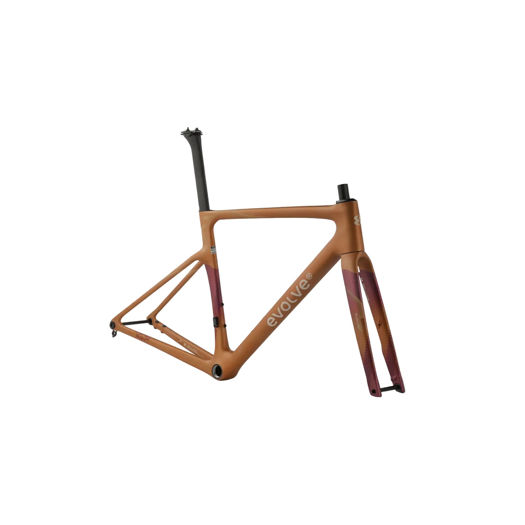 An Evolution brand carbon fiber bicycle frame in a matte copper-brown finish with a subtle dark red gradient near the rear, shown on a light gray background.