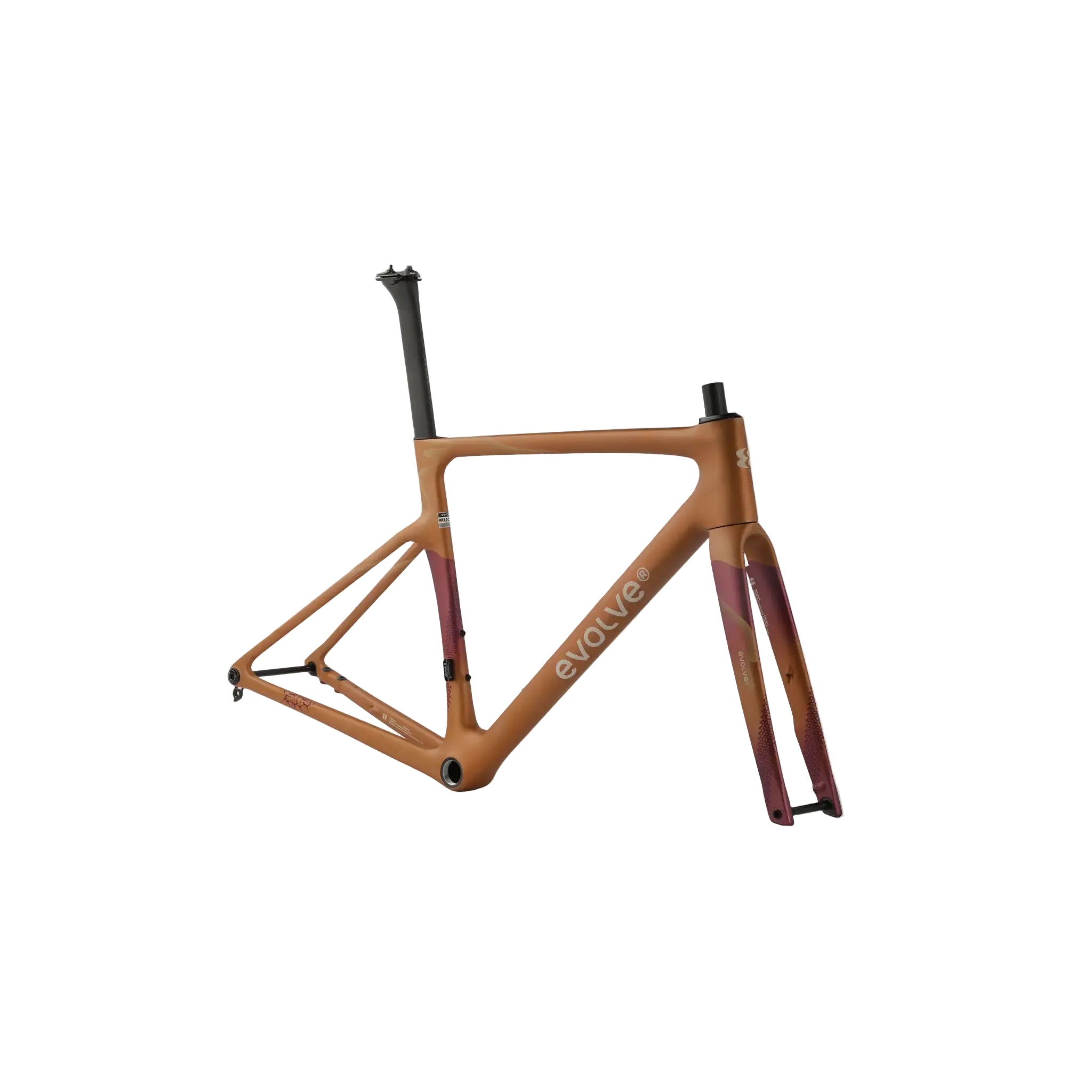 An Evolution brand carbon fiber bicycle frame in a matte copper-brown finish with a subtle dark red gradient near the rear, shown on a light gray background.