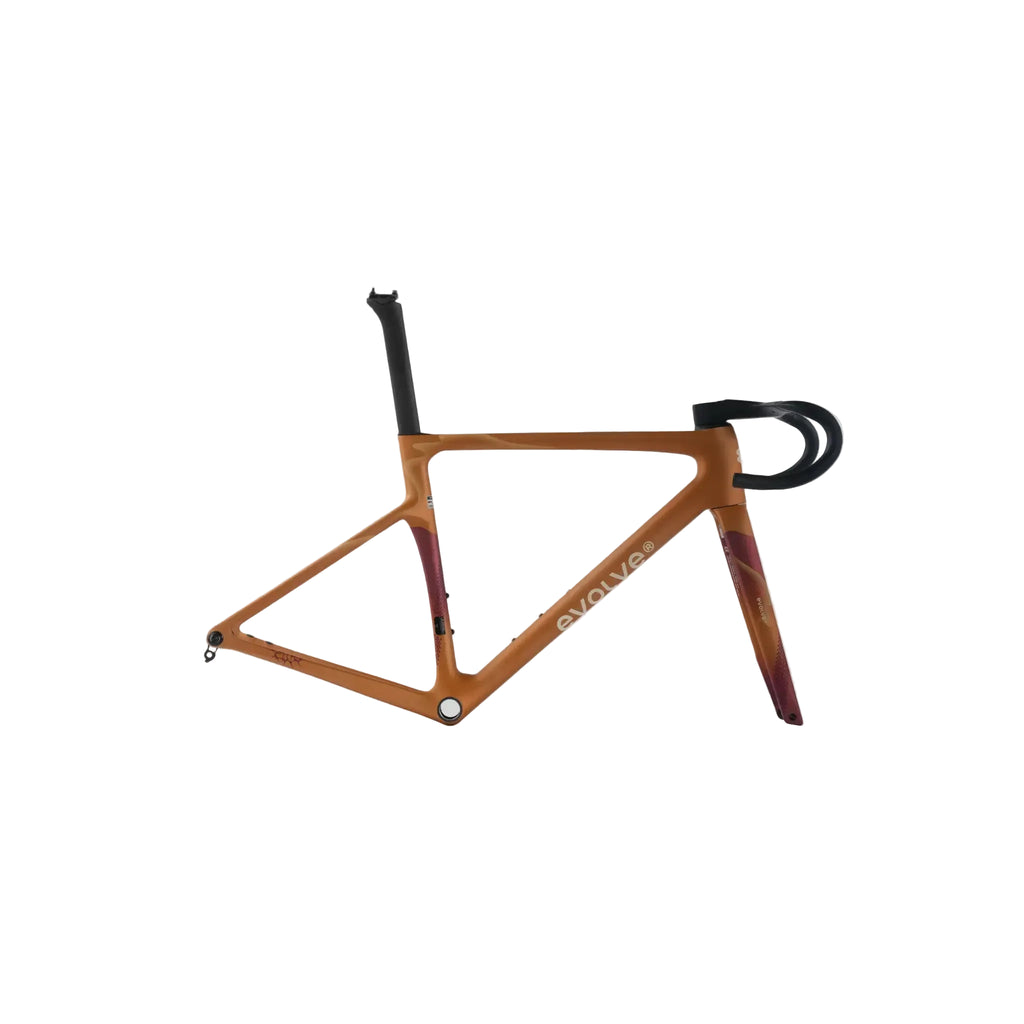 An Evolution road bike frame in a metallic bronze finish with a dark red and orange gradient pattern on the rear triangle, displayed on a light gray background.